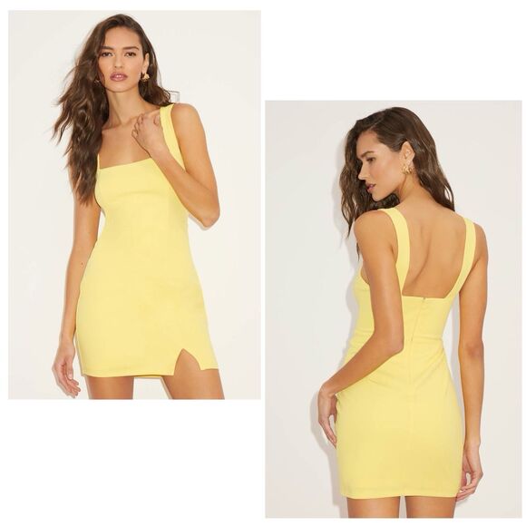 Lulus Social Sensation Dress Women's L Light Yellow Mini Square Bodycon NWT - Picture 1 of 11